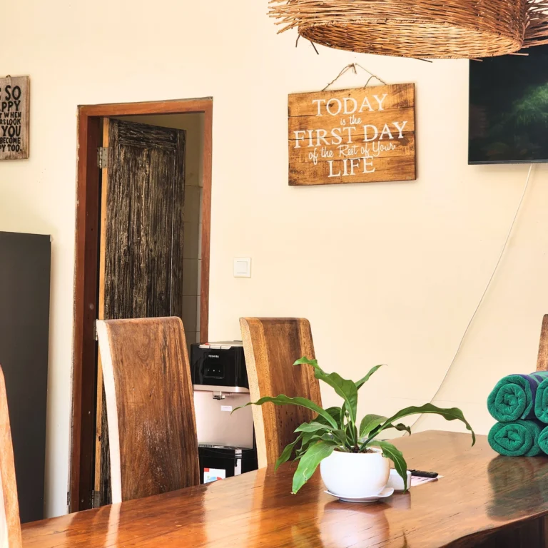 Rustic indoor dining area with wooden table, high-back chairs, potted plant, and woven pendant light.